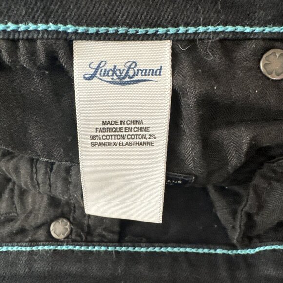 New Lucky Brand Sofia Capri Jean Sz 12/31 Black Curvy teal accent Lucky You zip - Picture 12 of 13